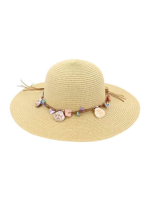 Women's Packable Wide Brim Straw Sun Hat, Seaside Beach Floppy Hat with Natural Shell Beaded Trim, UV Protection Summer Holiday Hat Beige One Size