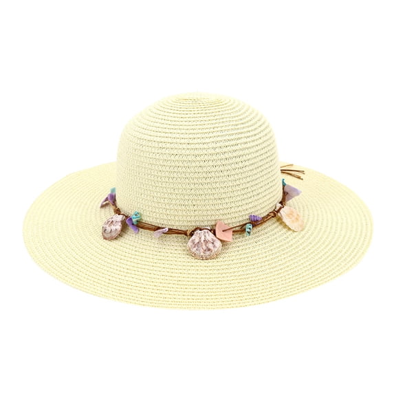 PoureLoom Women's Packable Wide Brim Straw Sun Hat, Seaside Beach Floppy Hat with Natural Shell Beaded Trim, UV Protection Summer Holiday Hat White One Size