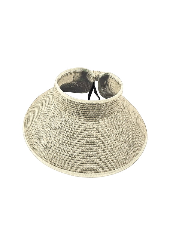 Women's Roll Up Straw Sun Visor Hat, Wide Brim Empty Top UV Protection Cap, Foldable Portable Beach Golf Travel Sun Hat White A