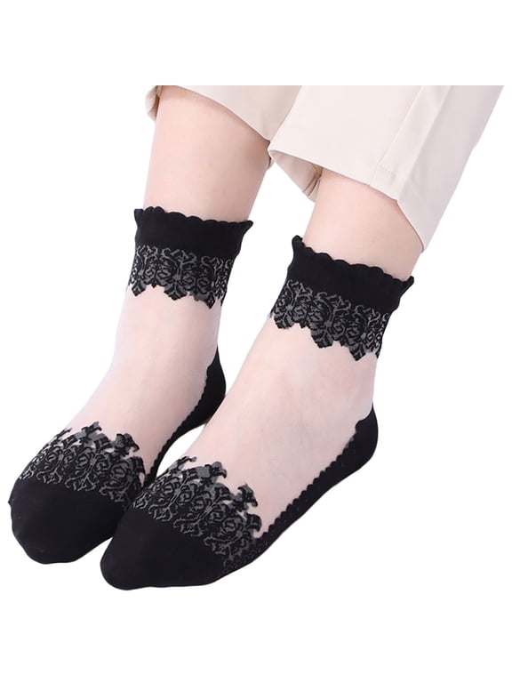 Women's Ruffle Lace Ankle Socks, Floral Sheer Crystal Silk Socks, Transparent Thin Breathable Short Socks for Summer Dress Shoes Clear One Size