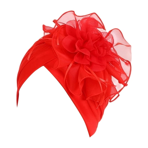 PoureLoom Women's Ruffle Turban Hat Glitter Pleated Stretch Head Wraps Chemo Cap with Detachable Crystal Brooch Red One Size