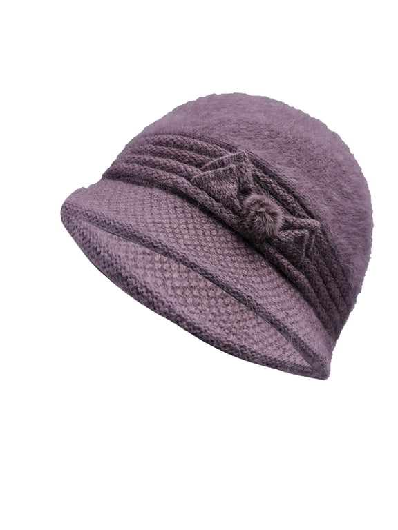 Women's Soft Fuzzy Knit Cloche Bucket Hat, Short Brim Winter Hat with Fur Pom Bow Decor, Elegant Outdoor Daily Warm Hat Dark Blue One Size