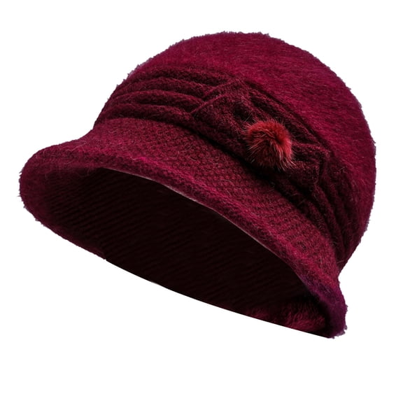 PoureLoom Women's Soft Fuzzy Knit Cloche Bucket Hat, Short Brim Winter Hat with Fur Pom Bow Decor, Elegant Outdoor Daily Warm Hat Red One Size