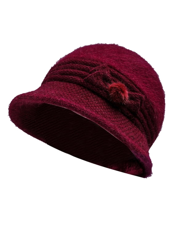 Women's Soft Fuzzy Knit Cloche Bucket Hat, Short Brim Winter Hat with Fur Pom Bow Decor, Elegant Outdoor Daily Warm Hat Red One Size