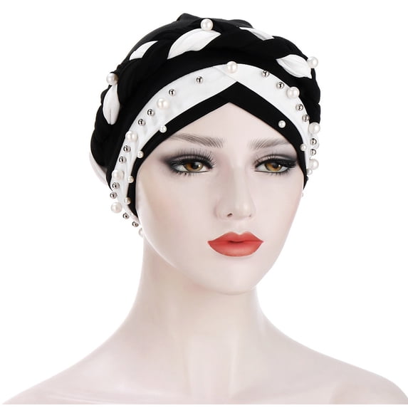PoureLoom Women's Soft Stretch Pre-Tied Turban Head Wrap, Twisted Turban Cap with Pearl Bead Accent, Lightweight Chemo Head Scarf for Hair Loss Black One Size