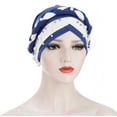 thumbnail image 1 of PoureLoom Women's Soft Stretch Pre-Tied Turban Head Wrap, Twisted Turban Cap with Pearl Bead Accent, Lightweight Chemo Head Scarf for Hair Loss Blue One Size, 1 of 5
