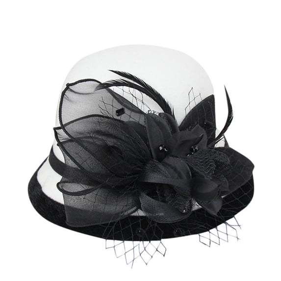 PoureLoom Women's Vintage Felt Cloche Hat, Short Brim Kentucky Derby Hat with Netting Feather Floral Ornament, Church Wedding Formal Dress Hat White One Size