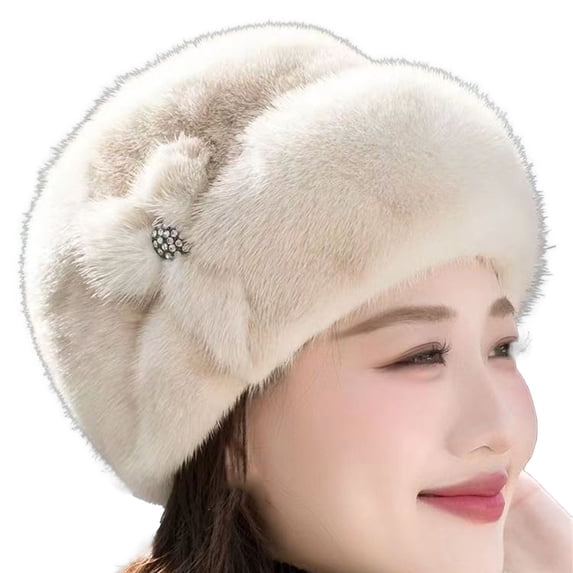 PoureLoom Women's Warm Faux Fur Beret Hat, Soft Plush Winter Beanie with Rhinestone Flower Accent, Elegant Cold Weather Hat for Outdoor Daily Beige One Size