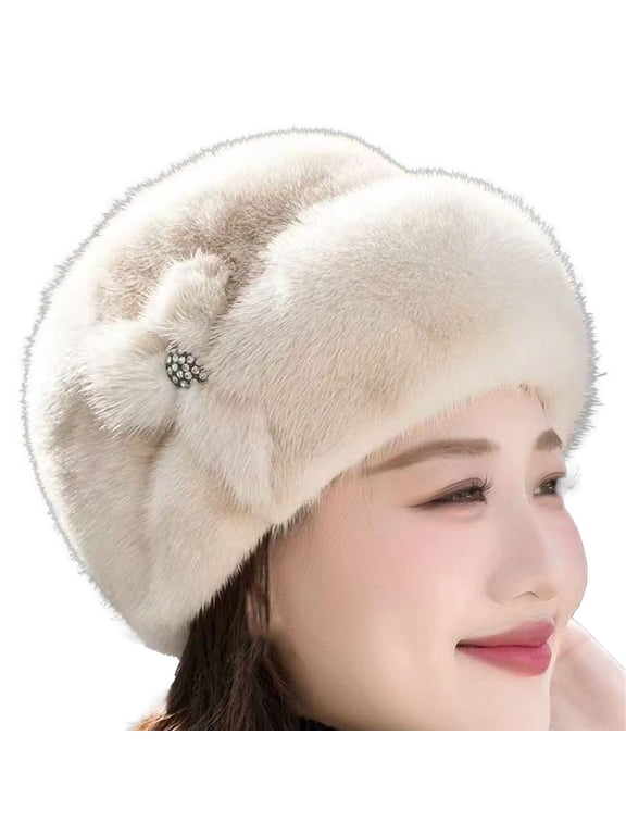 Women's Warm Faux Fur Beret Hat, Soft Plush Winter Beanie with Rhinestone Flower Accent, Elegant Cold Weather Hat for Outdoor Daily Beige One Size