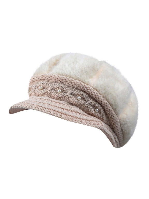Women's Warm Plush Newsboy Hat, Knit Faux Fur Peaked Cap with Pearl Accents, Elegant Cold Weather Hat for Outdoor Daily Wear Beige One Size