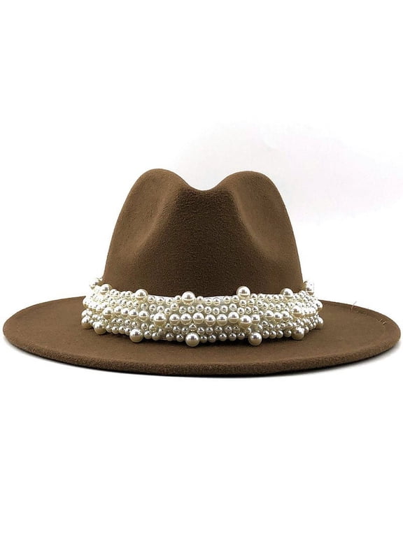 Women's Wide Brim Elegant Fedora Hat Felt Panama Hats with Pearl Band Boho Style Dress Up Jazz Hat for Party Brown L