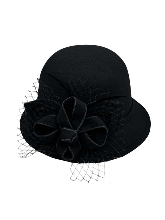 Womens Felt Cloche Hat 1920s Summer Winter Bucket Bowknot Cap Vintage Church Elegant Flower Fashionable Classic Hats Black M
