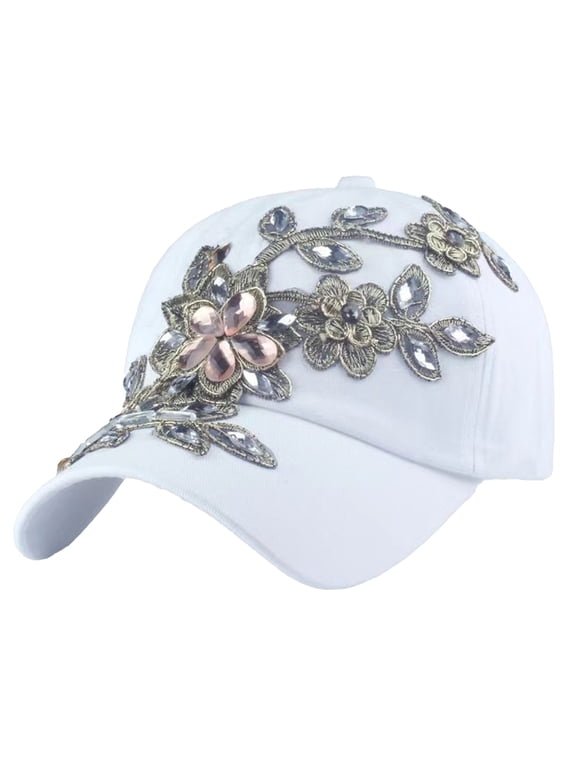 Womens Floral Baseball Caps Bling Sparkle Gardening Hats Adjustable Fashion Dad Hat White One Size
