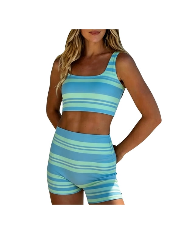 Womens Striped Workout Set 2 Piece Pilates Sets for Women Removable Pads Two Piece Yoga Sets Activewear Wide Shoulder Straps Gym Active Yoga Pilates Outfits Sky Blue XS