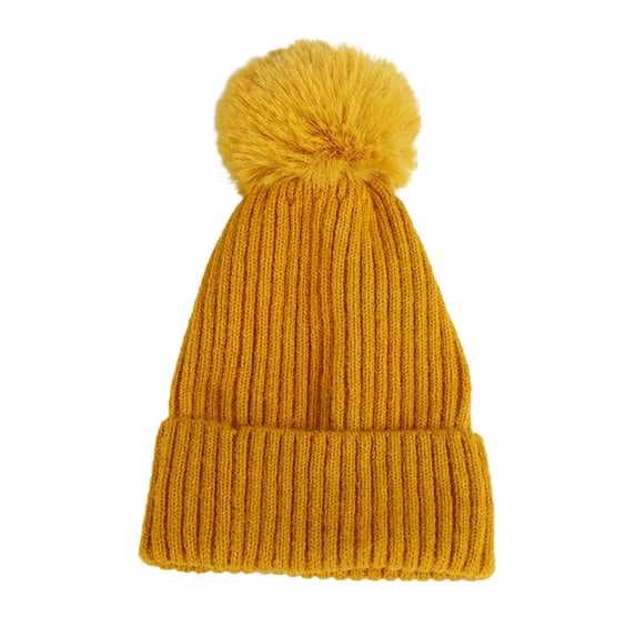 PoureLoom Womens Winter Beanie Faux Fur Pom Pom Knit Hat with Fleece Lined Cable Skull Cap Yellow One Size