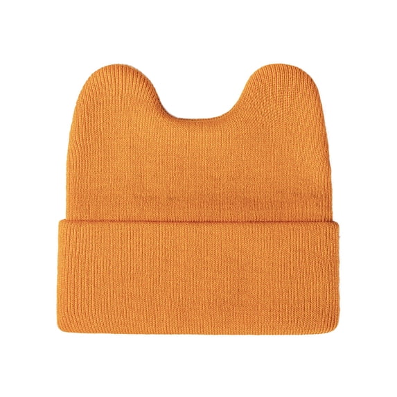 PoureLoom Womens Winter Stretchy Grunge Accessories Slouchy Soft Beanie Hats Plain Knit Cuffed Hat with Cat Ear Shape Top Unisex Cold Weather Skull Cap Orange One Size