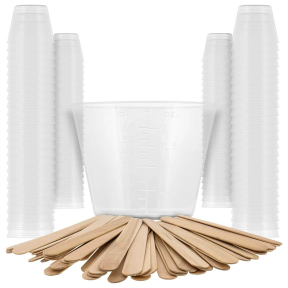 Pouring Masters 2 Ounce (60ml) Graduated Plastic Measuring Cups (100 Clear Cups & 25 Mixing Sticks) - For Acrylic Paint, Resin, Epoxy, Art, Kitchen, Cooking, Medicine, Laboratory - OZ, ML Measurements