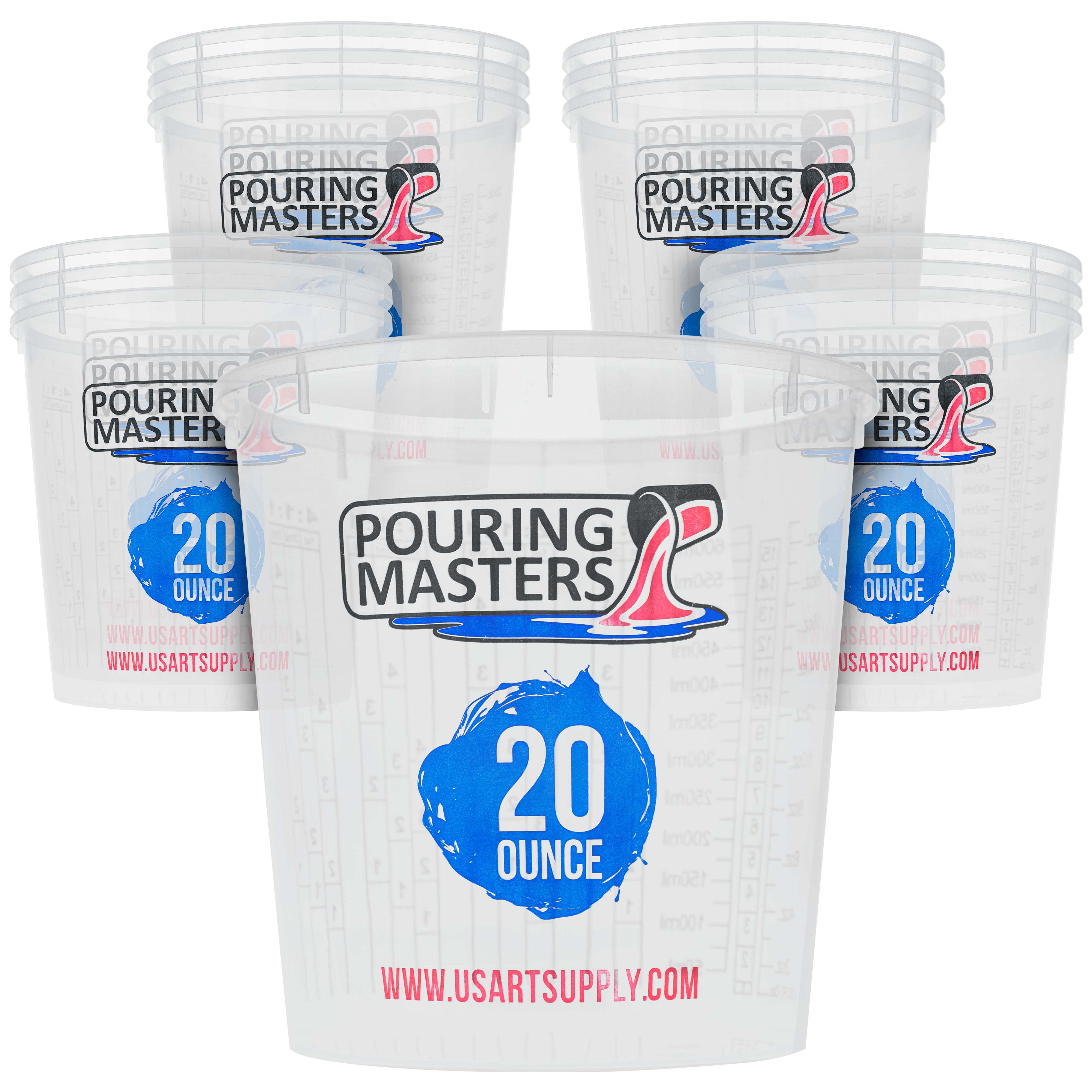 Pouring Masters Ultimate Paint Mixing Cup Kit - 12 Plastic Graduated Mixing  Cups, 4 Cup Sizes - 12 Sticks, 12 Strainers, 2 Tack Cloths, Mixer Blade