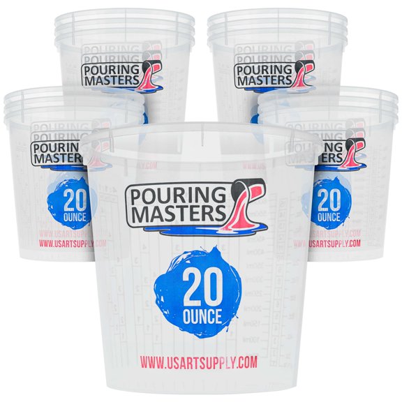 Pouring Masters 20 Ounce (600ml) Graduated Plastic Mixing Cups (Box of 12) - Use for Paint, Resin, Epoxy, Art, Kitchen, Cooking, Baking - Measurements in OZ., and ML., 4 Different Measuring Ratios 1:1