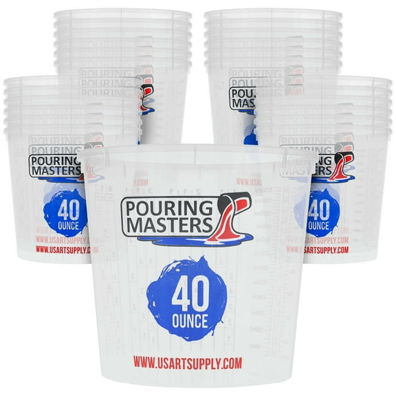 Pouring Masters 40 Ounce (1200ml) Graduated Plastic Mixing Cups (Box of 24) - For Paint, Resin, Epoxy, Art, Kitchen, Cooking, Baking - Measurements in OZ., and ML., 4 Different Measuring Ratios 1:1