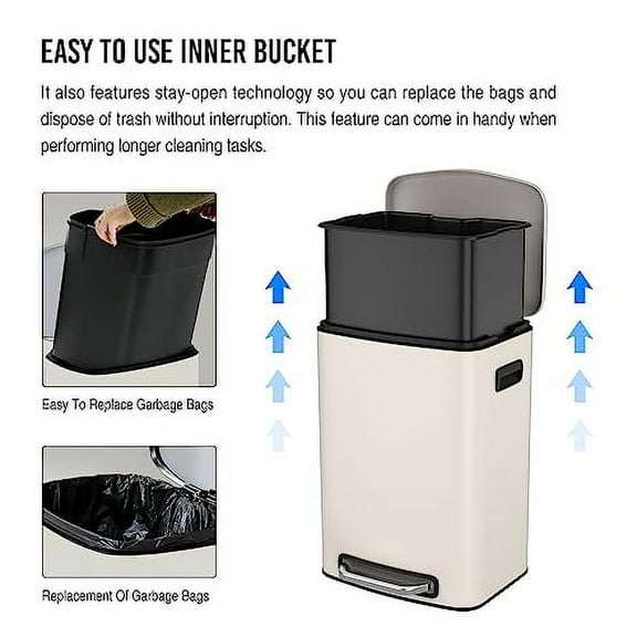 Pouseayar 13 Gallon White Stainless Steel Foot Pedal Trash Can with Soft Close Lid, 13"L x 17"W x 23.46"H