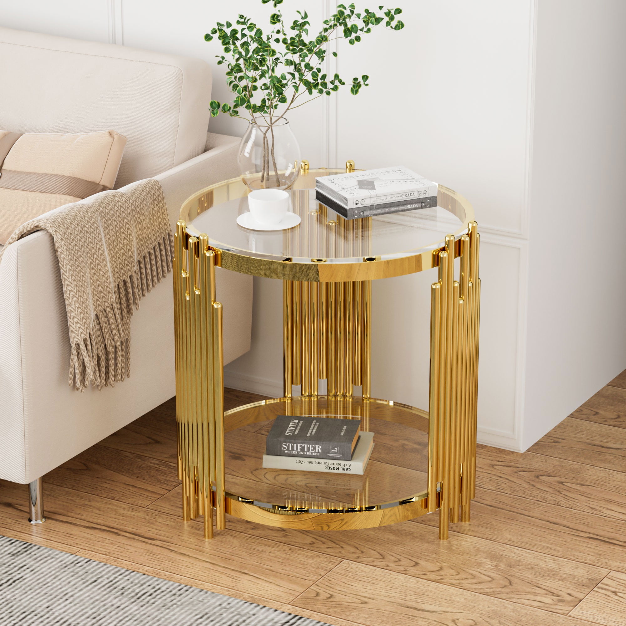 Ufurpie Modern Round Glass End Table 20 Sofa Side Table with Gold Stainless Steel Frame and Clear Glass Top Tea Table Luxury Square 2 Tier End Table