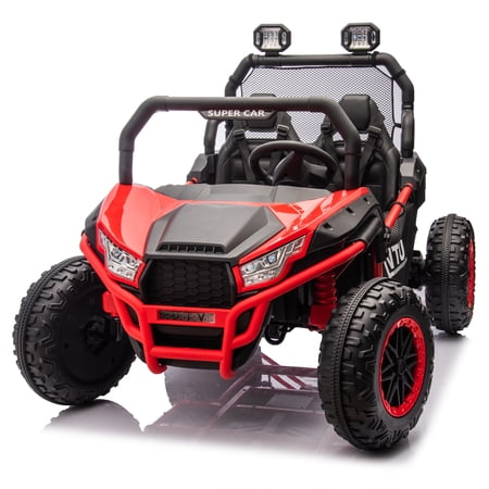 Pouseayar 24V 2 Seater Ride on Car for Kids, Powered Ride on UTV Toy for Toddlers Boys Girls, Kids Car Electric Vehicle with Remote Control, LED Lights, Bluetooth Music, 4 Spring, Red