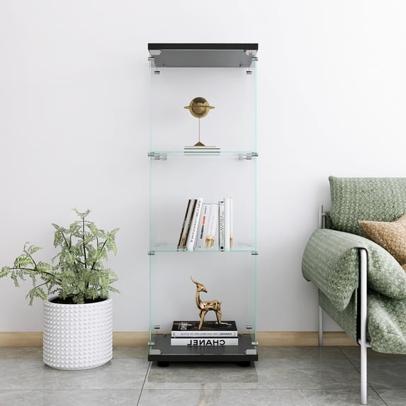 Pouseayar 3-Shelf Glass Display Cabinet, One-Door Curio Cabinets for Living Room, Bedroom, Office, Black Floor Standing Glass Bookshelf
