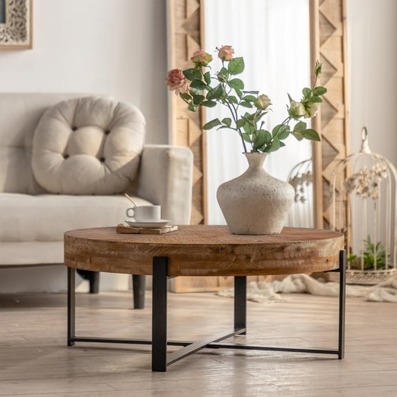 Pouseayar 31.29"Modern Retro Splicing Round Coffee Table , Fir Wood Table Top with Cross Legs Metal Base