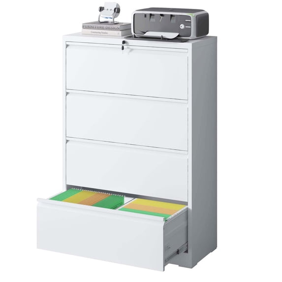 Pouseayar 4 Drawers Lateral Metal File Cabinet with Lock for Legal/Letter/A4/F4 Size White