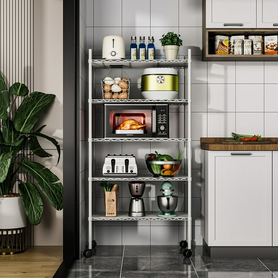 Pouseayar 5 Tier Shelf Wire Shelving Unit, NSF Heavy Duty Wire Shelf Metal Large Storage Shelves Height Adjustable Utility for Garage Kitchen Office Commercial Shelving Steel Layer Shelf - White