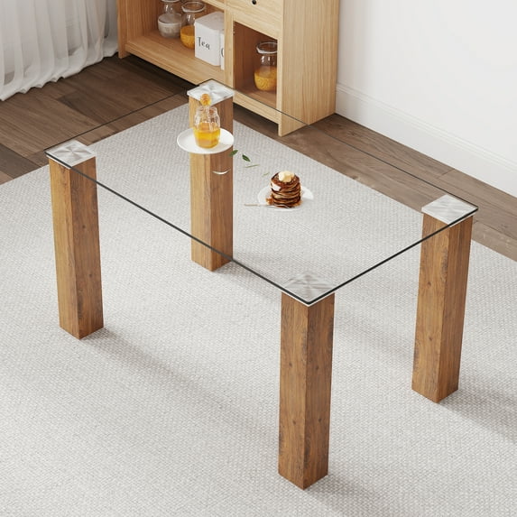 Pouseayar 51" Modern Wood and Glass Top Coffee Table Rectangle Tea Table with Wood Leg for Living Room, Brown