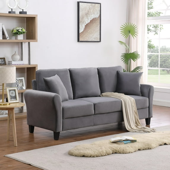Pouseayar 78” Velvet Sofa Couch, 3 Seater Sofa with with 2 Pillow for Living Room Bedroom Office,Gray
