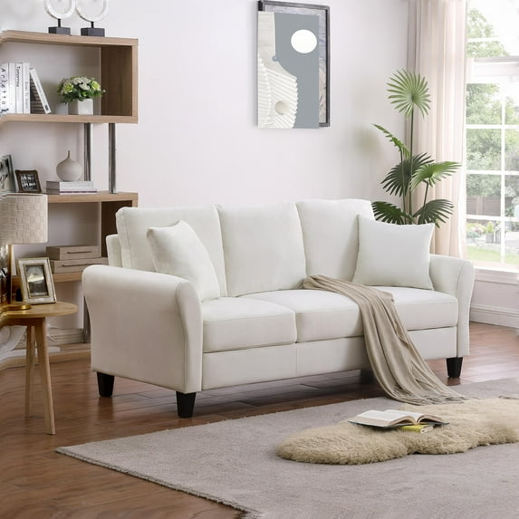 Pouseayar 78” Velvet Sofa Couch, 3 Seater Sofa with with 2 Pillow for Living Room Bedroom Office,White