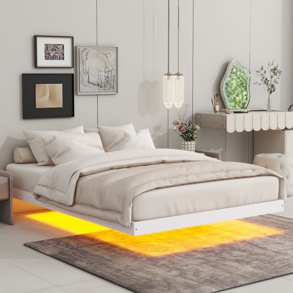 Pouseayar Full Size Floating Wooden Bed Frame with LED Lights, Low Profile Platform Bed, White