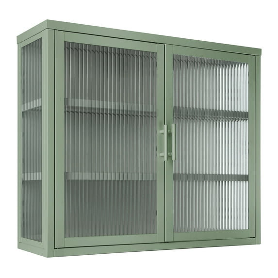 Pouseayar Glass Door Wall Cabinet With Detachable Shelves for Office, Dining Room,Living Room, Kitchen, Bathroom, Green