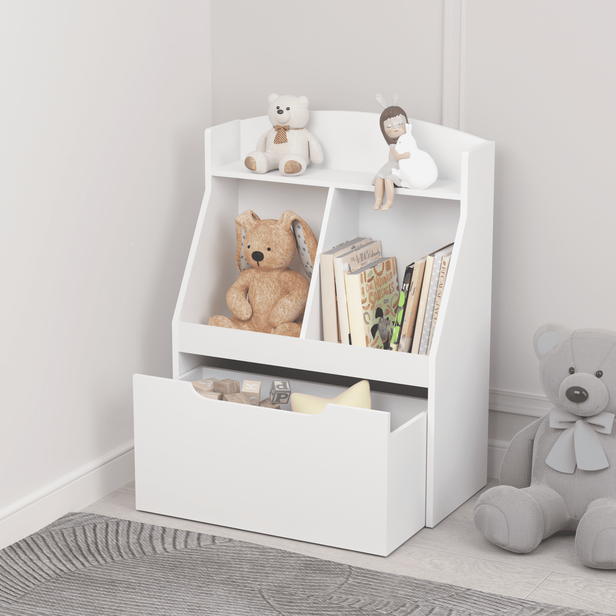 Pouseayar Kids Bookshelf with Drawer and Wheels, Wooden Bookcase, Toy