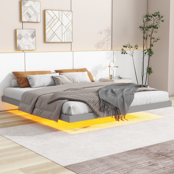 Pouseayar King Size Floating Bed Frame with LED Lights, Low Profile Platform Bed, Gray