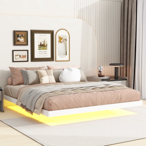 Pouseayar King Size Floating Bed Frame with LED Lights, Low Profile Platform Bed, White