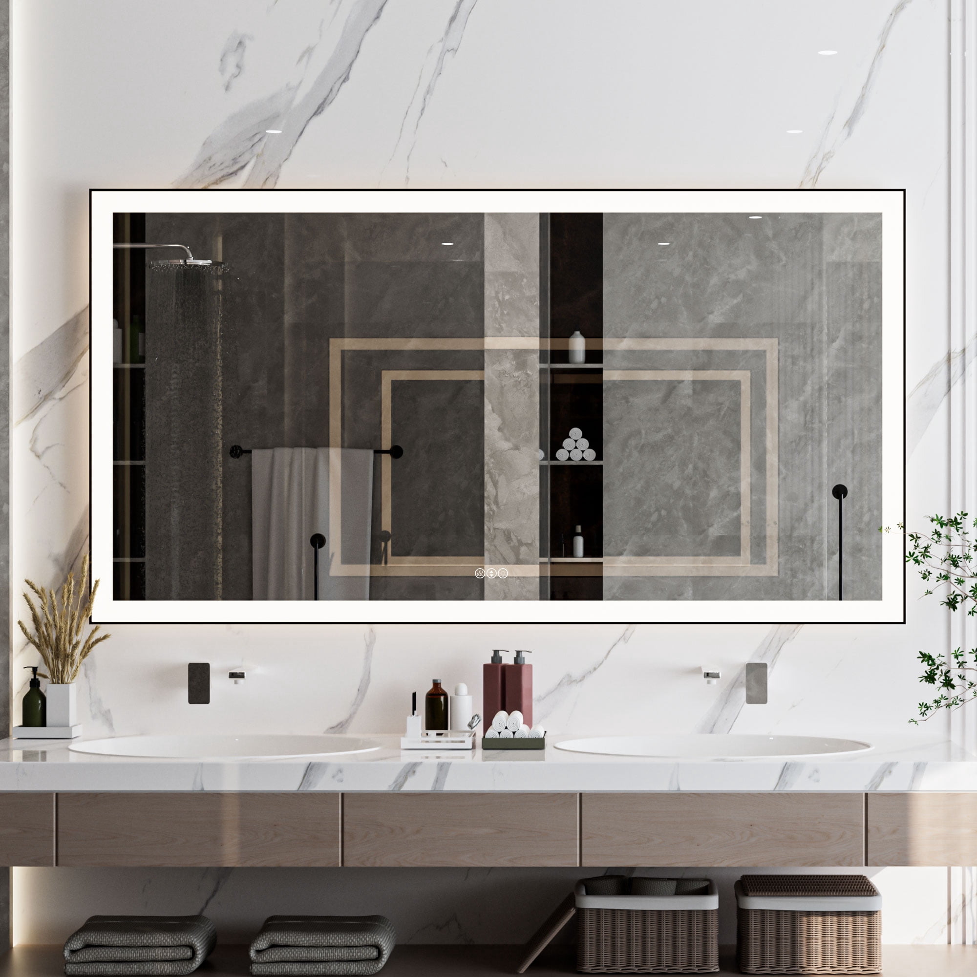 Pouseayar LED Bathroom Mirror with Frame, 60x32" Dimmable Mirrors with ...