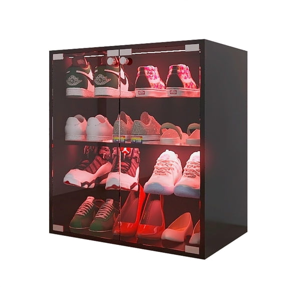 Pouseayar LED light 4 Tiers Black Shoe Display Cabinet with Glass Door & Glass Layer Shoes Cabinet, Bluetooth Control