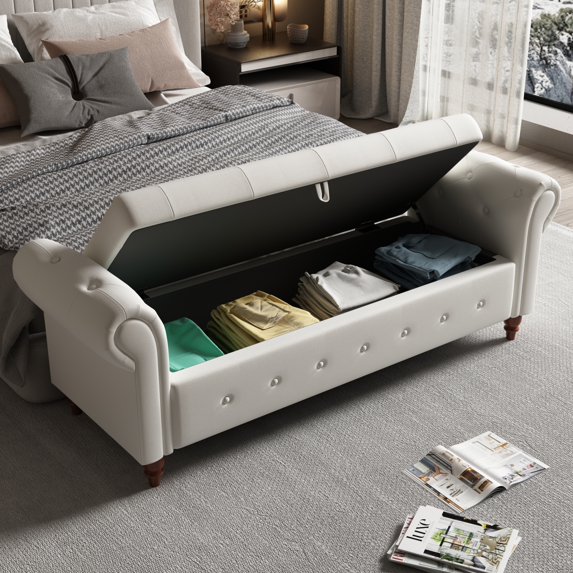 Pouseayar Linen Fabric Upholstered Ottomans Storage Bench Sofa, Beige