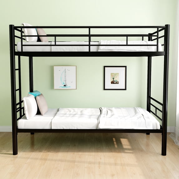 Pouseayar Metal Bunk Bed Frame with Built-in Ladder, High Guardrail Metal Slats, Floor Bed with Underbed Storage Space, Twin-Over-Twin