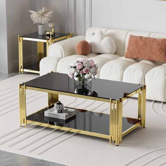 Pouseayar Modern Classic Rectangles Stainless Steel Glass Coffee Table, Modern Center Table with 8mm Tempered Glass & Gold Leg, Black Top, 43.31*23.62*17.72 inch