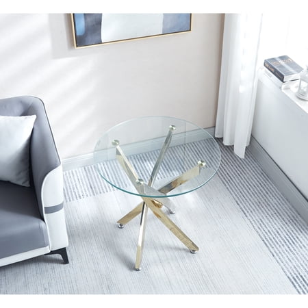 Pouseayar Modern Round Tempered Glass End Table, Gold
