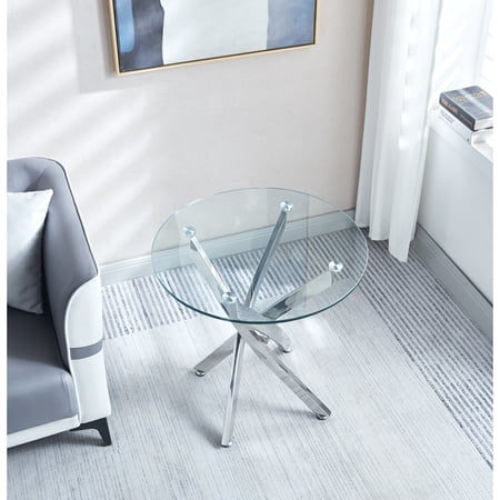 Pouseayar Modern Round Tempered Glass End Table ,Silver