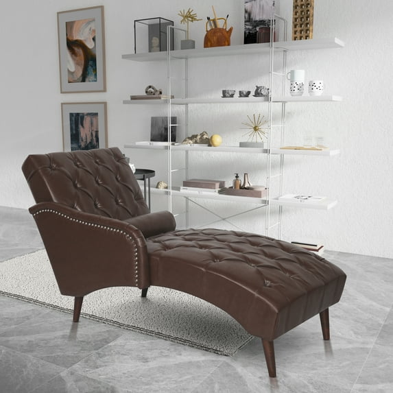 Pouseayar PU Upholstered Chaise Lounge Chair Indoor with Solid Wood Legs & Support Pillow for Bedroom Living Room Office