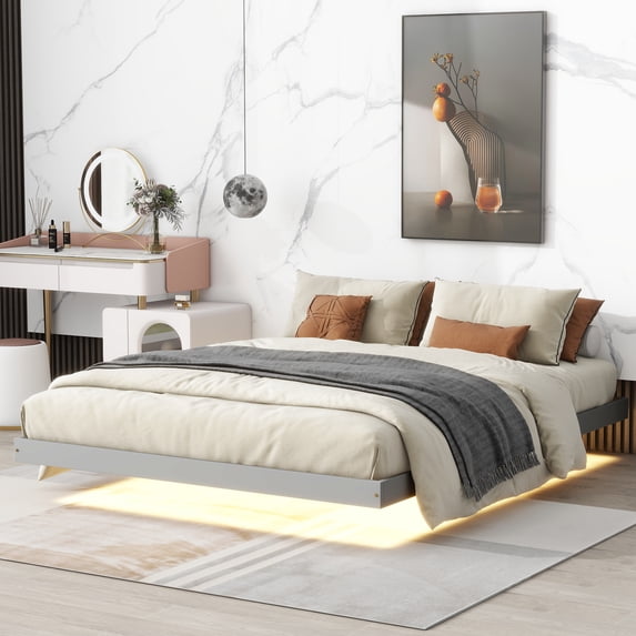 Pouseayar Queen Size Floating Bed Frame with LED Lights, Low Profile Platform Bed, Gray