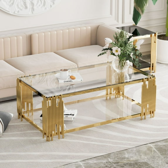 Pouseayar Rectangle 8mm Thick Clear Tempered Glass Sofa Center Table Luxury Gold Coffee Table