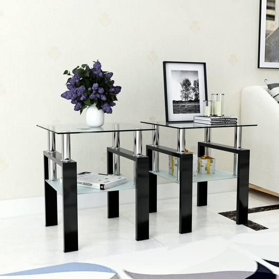 Pouseayar Set of 2 Modern Tempered Glass Coffee Table 2-Tier End Table, Square Side Table for Living Room
